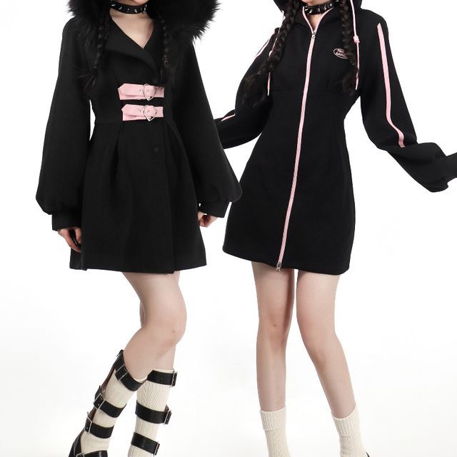 hooded collar long sleeve striped dress Sun-imperial