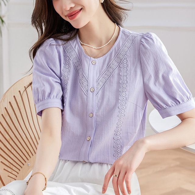 Jeonseon-Short-Sleeve Round Neck Plain Lace Panel Blouse