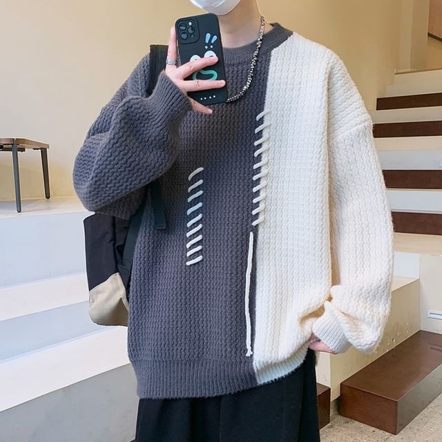 Bay Go Mall-Crew Neck Two Tone Sweater