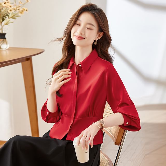 Skyheart-Long-Sleeve Plain Crop Shirt