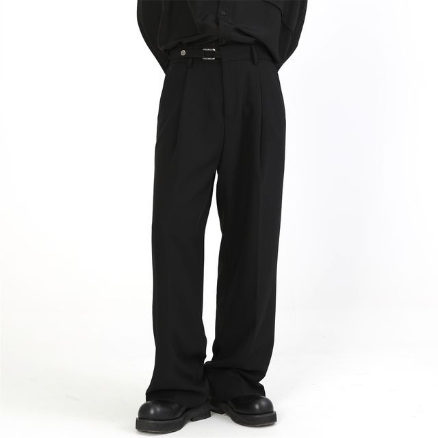 BLACK ON BLACK - Low Rise Plain Buckled Wide Leg Dress Pants | YesStyle