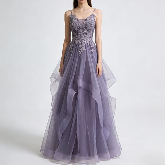 Lexama-Spaghetti Strap Lace Panel Ruffled A-Line Mesh Evening Gown