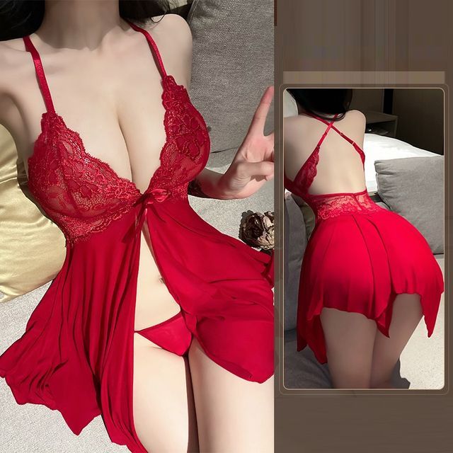 Candyiry-Set Plain Lace Trim Babydoll G-String