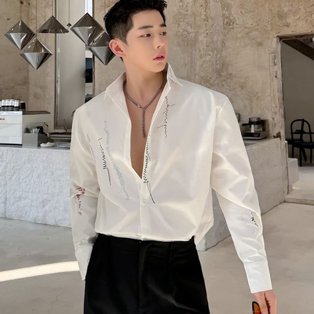 Freehop-Long-Sleeve Collared Stitching Shirt