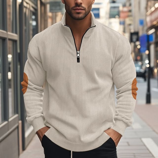 Double White-Long-Sleeve Patchwork Half-Zip Corduroy Sweatshirt