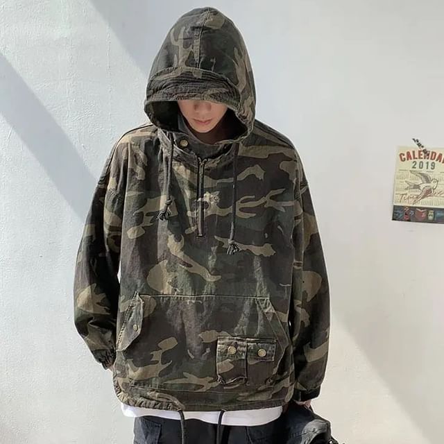 GRAYCIOUS-Camo Print Drawstring Half-Zip Hoodie