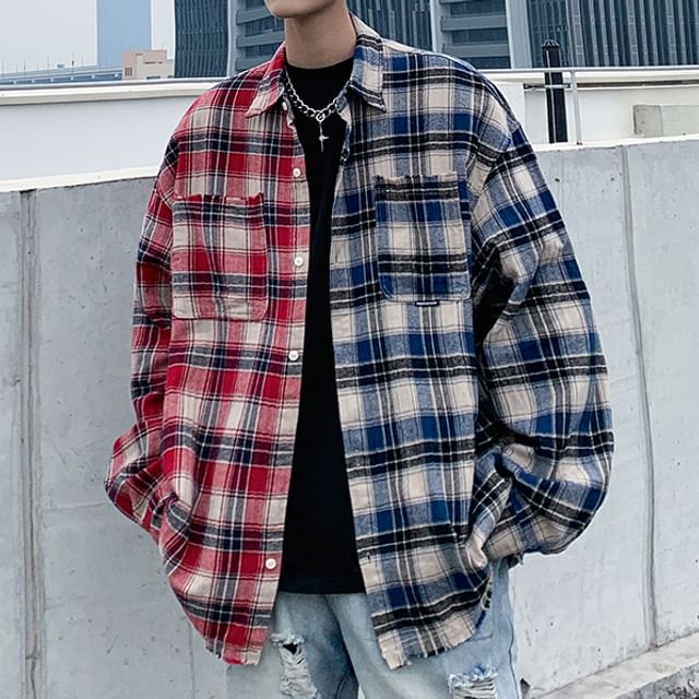 Mimiyox-Collared Plaid Panel Shirt
