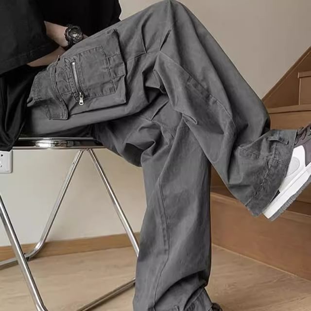 emeisa-Mid Rise Plain Straight Leg Cargo Pants