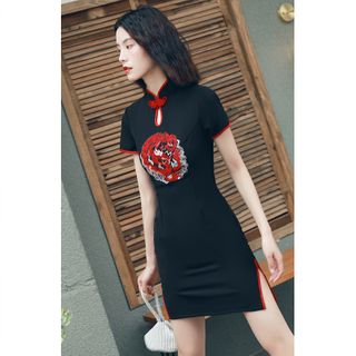 Lotus Amour Short-Sleeve Dragon Embroidered Qipao | YesStyle