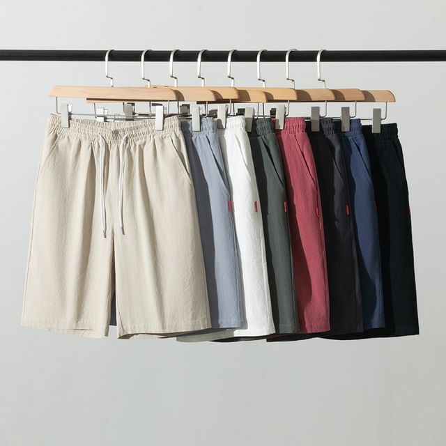 Aozora-Drawstring Waist Plain Shorts