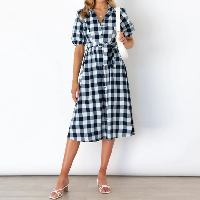 knee length dresses for ladies Gingham Button Up Midi Dress main image 1