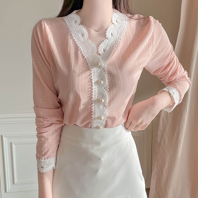 MyFiona - Lace-Trim Faux-Pearl Blouse | YesStyle