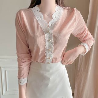 MyFiona Lace Trim Faux Pearl Blouse