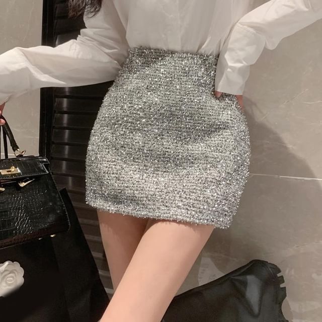 Hevnir-High Waist Melange Glitter Mini Pencil Skirt