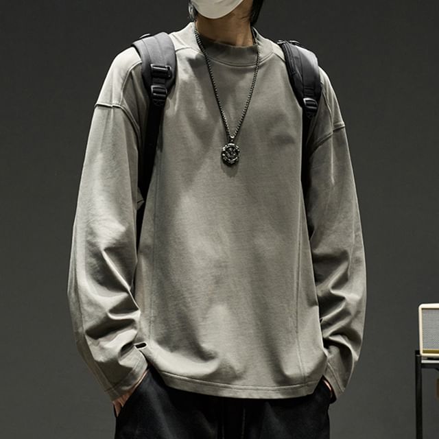 Redsinc-Long-Sleeve Mock Neck Plain T-Shirt
