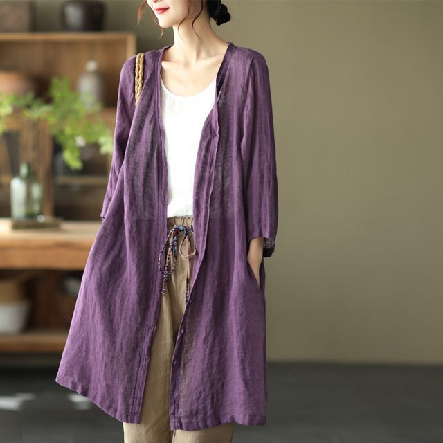 Lewwe-34-Sleeve Linen Button-Up Plain Long Jacket