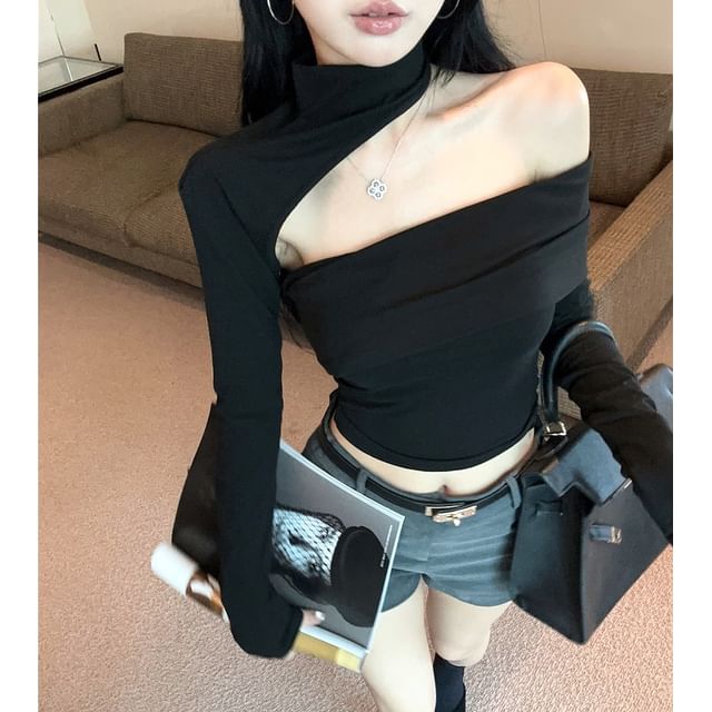 Magma-Long Sleeve Mock Neck Cold Shoulder Plain Crop Top
