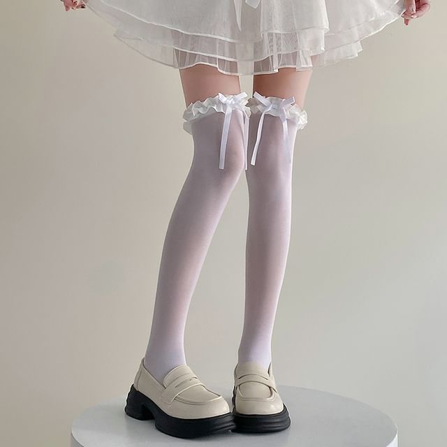 Mimiyu-Frill Trim Sheer Over-The-Knee Socks