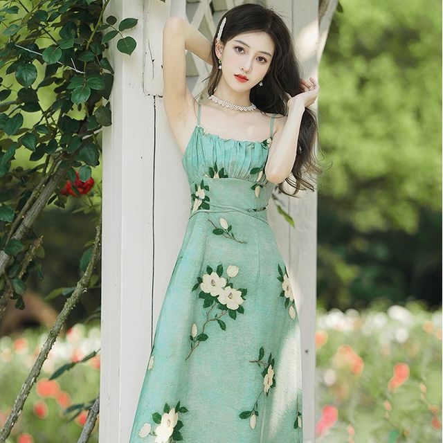 Cocaliso - Set: Spaghetti Strap Floral Print Shirred Midi A-Line Dress + Plain Ruffled Open Front Jacket