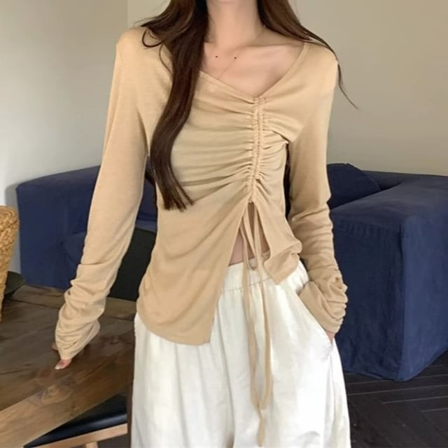 Leoom-Long Sleeve V-Neck Plain Slit Drawstring T-Shirt
