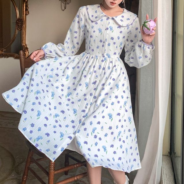 KiTi - Long-Sleeve Peter Pan Collar Floral Print Maxi Dress | YesStyle KiTi - Long-Sleeve Peter Pan Collar Floral Print Maxi Dress | YesStyle