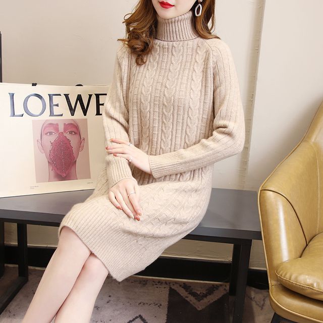 Long Sleeve Turtleneck Cable Knit Sweater Dress