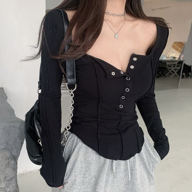 PERKARP-Long Sleeve Square Neck Button Up Plain Crop Tee