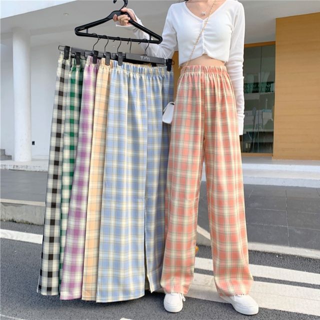 Yako - High-Waist Plaid Wide-Leg Pants 