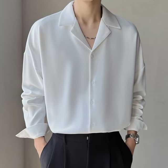 GRAYCIOUS-Long-Sleeve Lapel Collar Plain Shirt