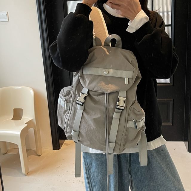 HOVERUP-Plain Buckled Drawstring Backpack