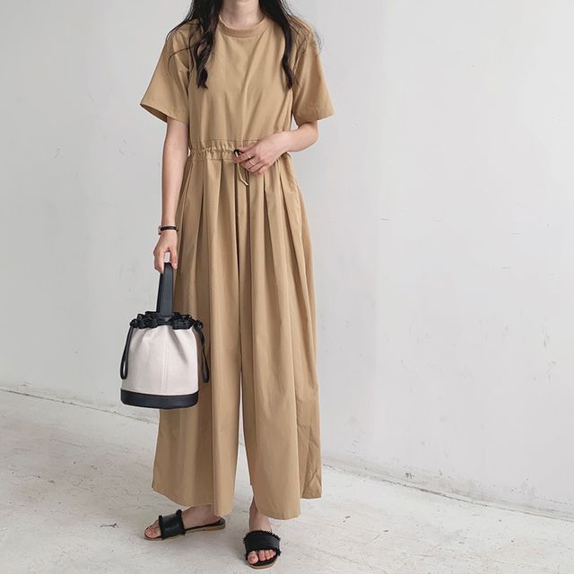 Lewwe-Drawstring-Waist Wide Leg Jumpsuit