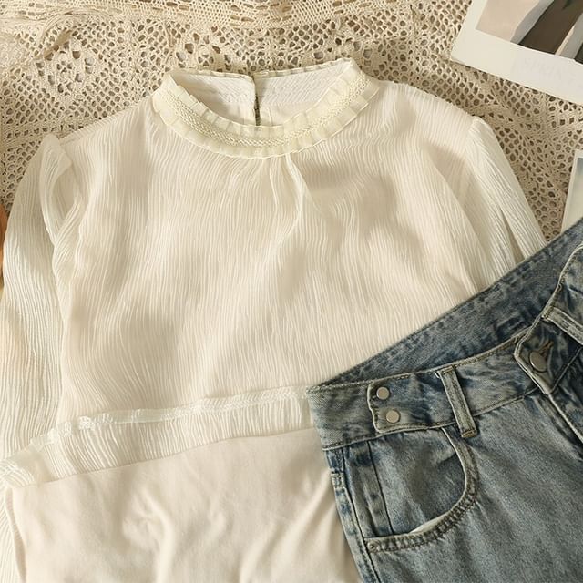Lemongrass-Brushed Lace-Trim Basic Chiffon Blouse