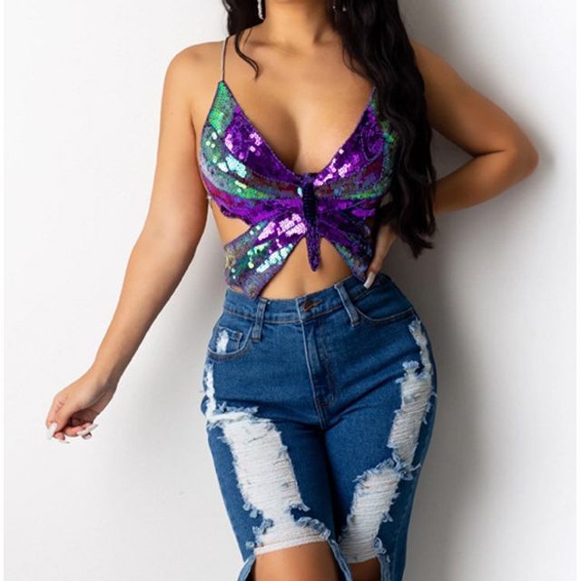 Micah Y - Sequined Butterfly Crop Top 