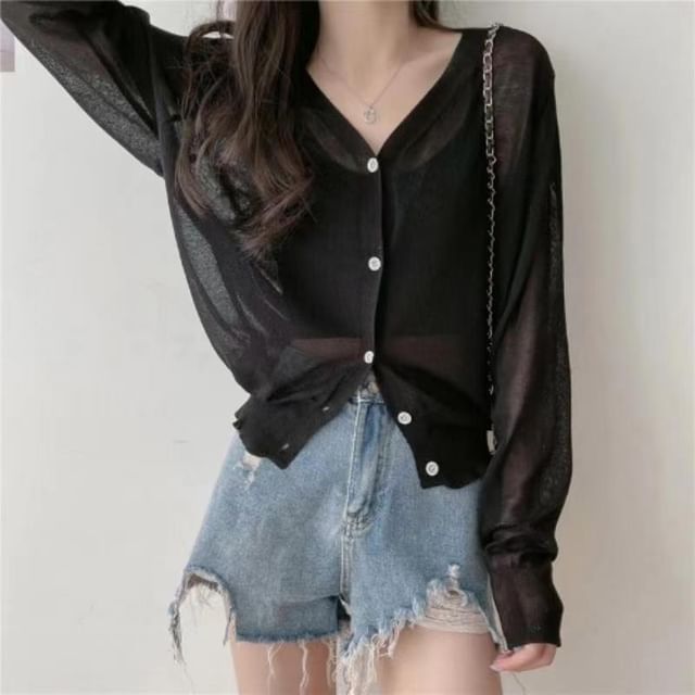 Sisyphi-V-Neck Button-Up Plain Sheer Cardigan