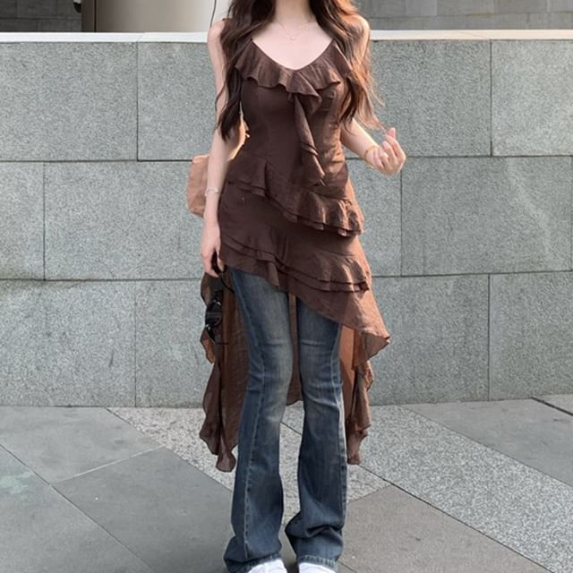 Yako-Asymmetrical Plain Ruffled Slit Camisole Top