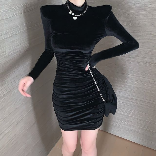 Maine - Long-Sleeve Velvet Mock-Neck Mini Bodycon Dress | YesStyle