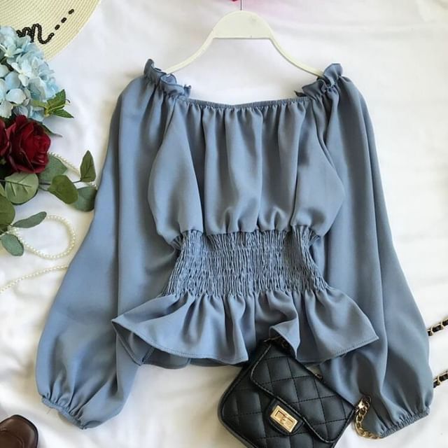 Sisyphi-Puff-Sleeve Plain Ruffle Peplum Blouse