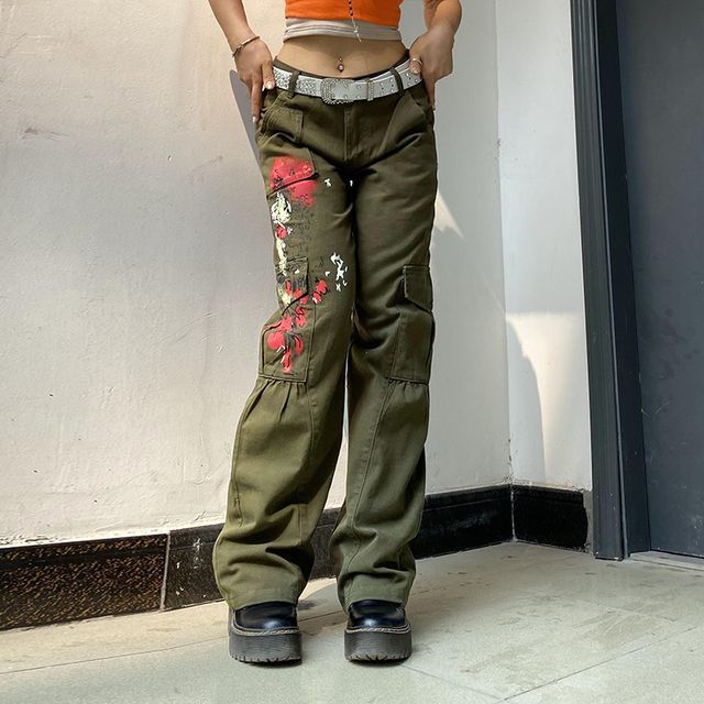 Sosana - Low Waist Graphic Print Straight-Fit Cargo Pants