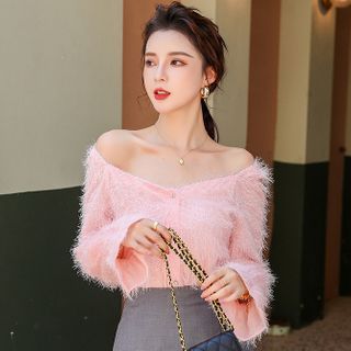 Hasu - Long-Sleeve Button-Up Fluffy Top 