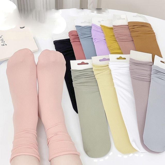 Yunikon-Plain Ribbed Shirred Socks