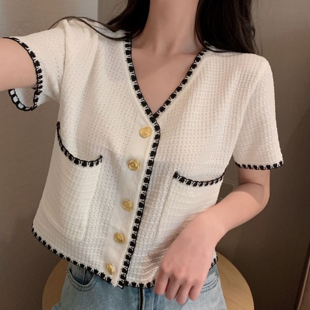 Mikiko-Kurzärmlige Bluse mit Kontrastbesatz