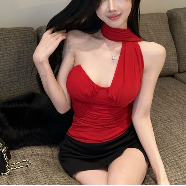 Whoosh-Asymmetrical Neck Plain Halter Top