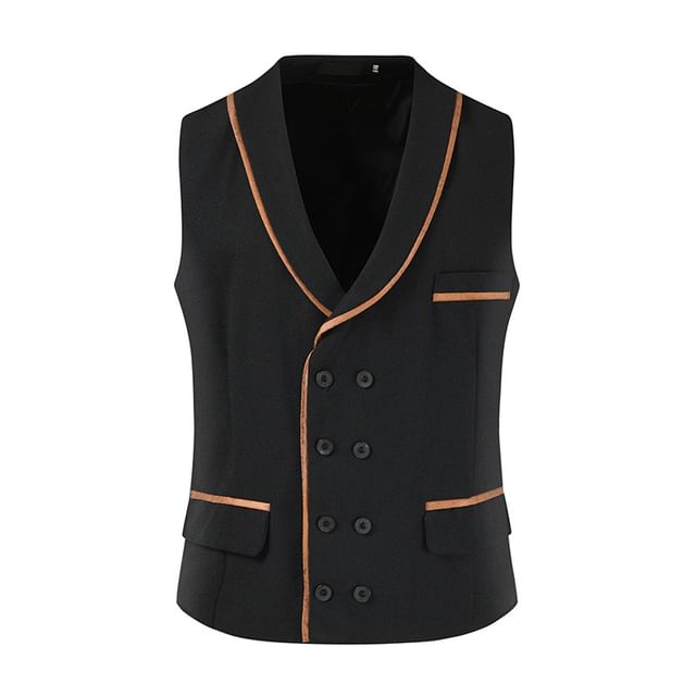 Fireon-V-Neck Contrast Trim Double-Breasted Vest