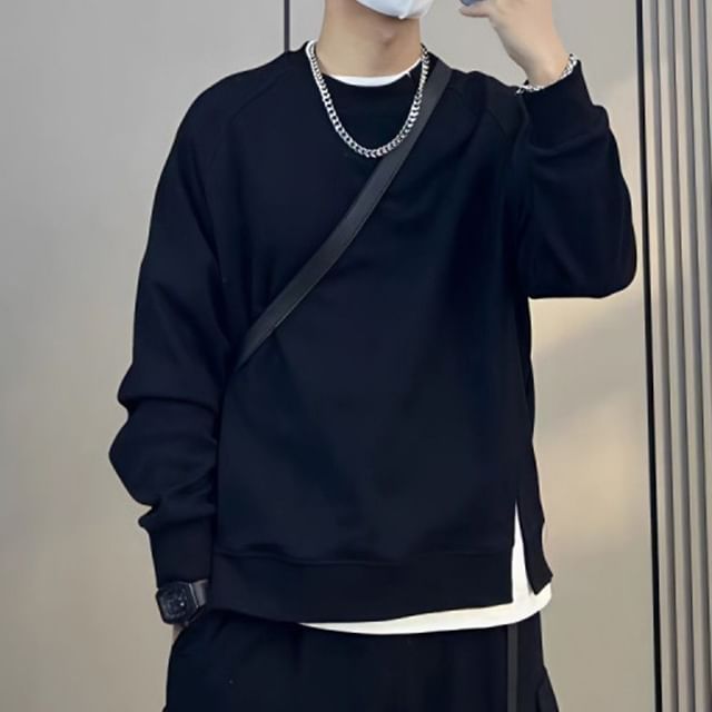 Adothuiastic-Crew Neck Slit Mock Two Piece Sweatshirt