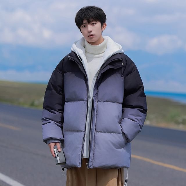 Dandyluxe-Mock Two-Piece Gradient Hooded Zip-Up Puffer Jacket