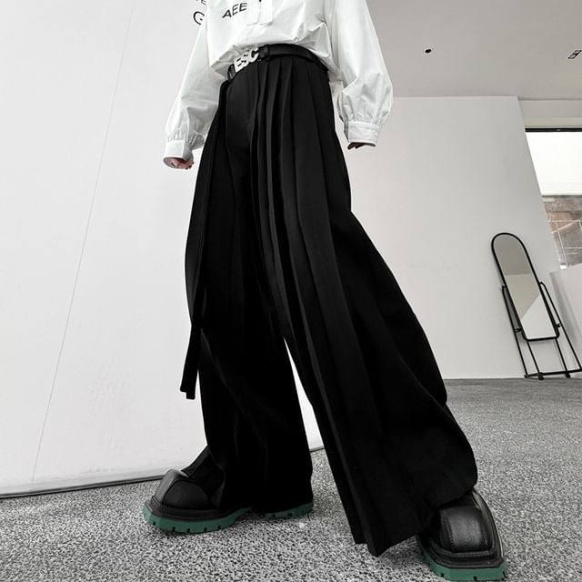 Omozando-Mid Rise Plain Pleated Wide Leg Pants