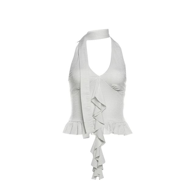 SPUCIKLEI-Halter-Neck Plain Asymmetrical Ruffled Top