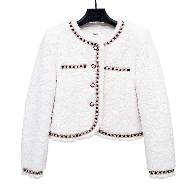 Woohan-U-Neck Contrast Trim Button-Up Jacket