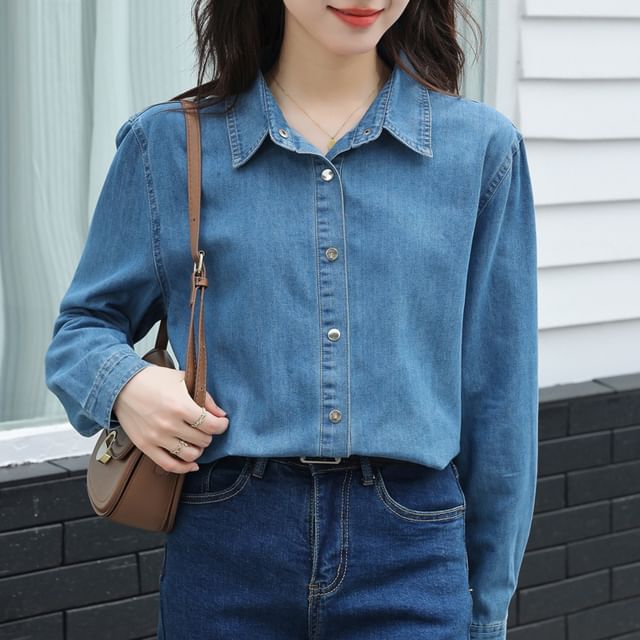 Happo-Long Sleeve Collared Washed Denim Shirt