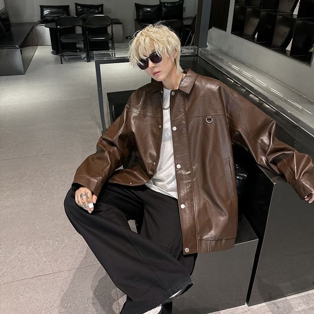 Bay Go Mall-Collared Plain Button-Up Faux Leather Jacket